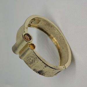GOLD TONE Textured Hinged Cuff Bracelet With Amber Tone Jewels